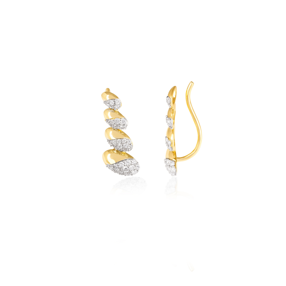 Diamond Half Pavé Ear Climber Earrings, IGI-Certified, close-up of pavé detail