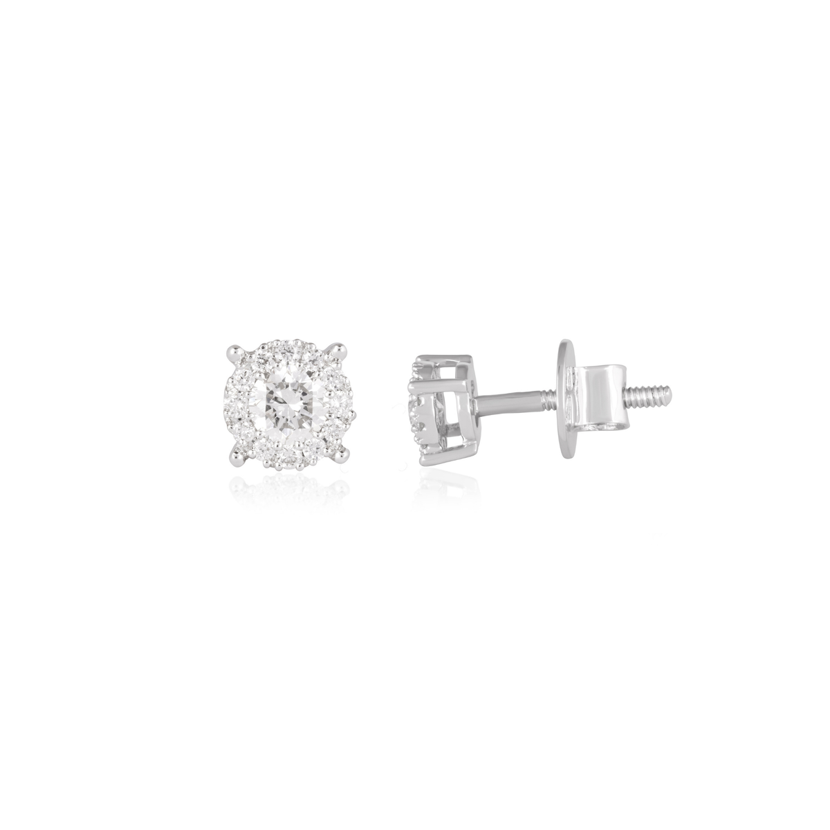 Round Diamond Halo Solitaire Stud Earrings, IGI-Certified, close-up of halo