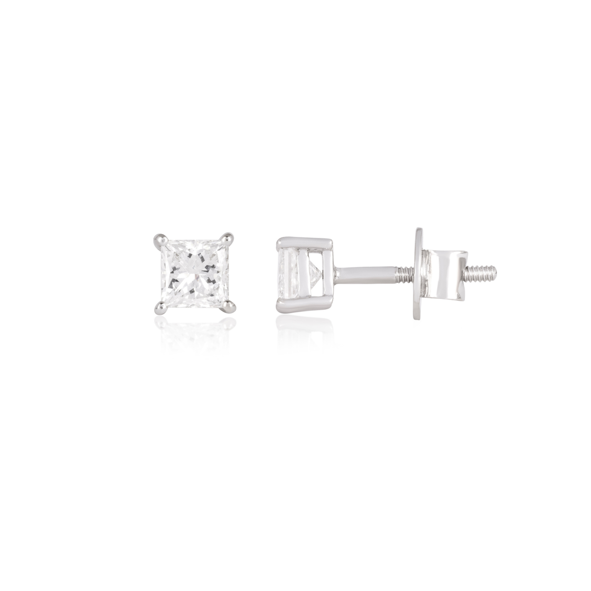 Princess-Cut Diamond Solitaire Stud Earrings, IGI-Certified, close-up of diamond