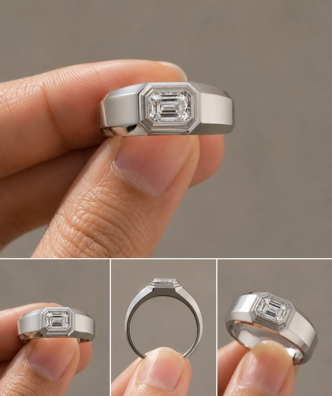 Emerald double bezel solitaire ring, angled view