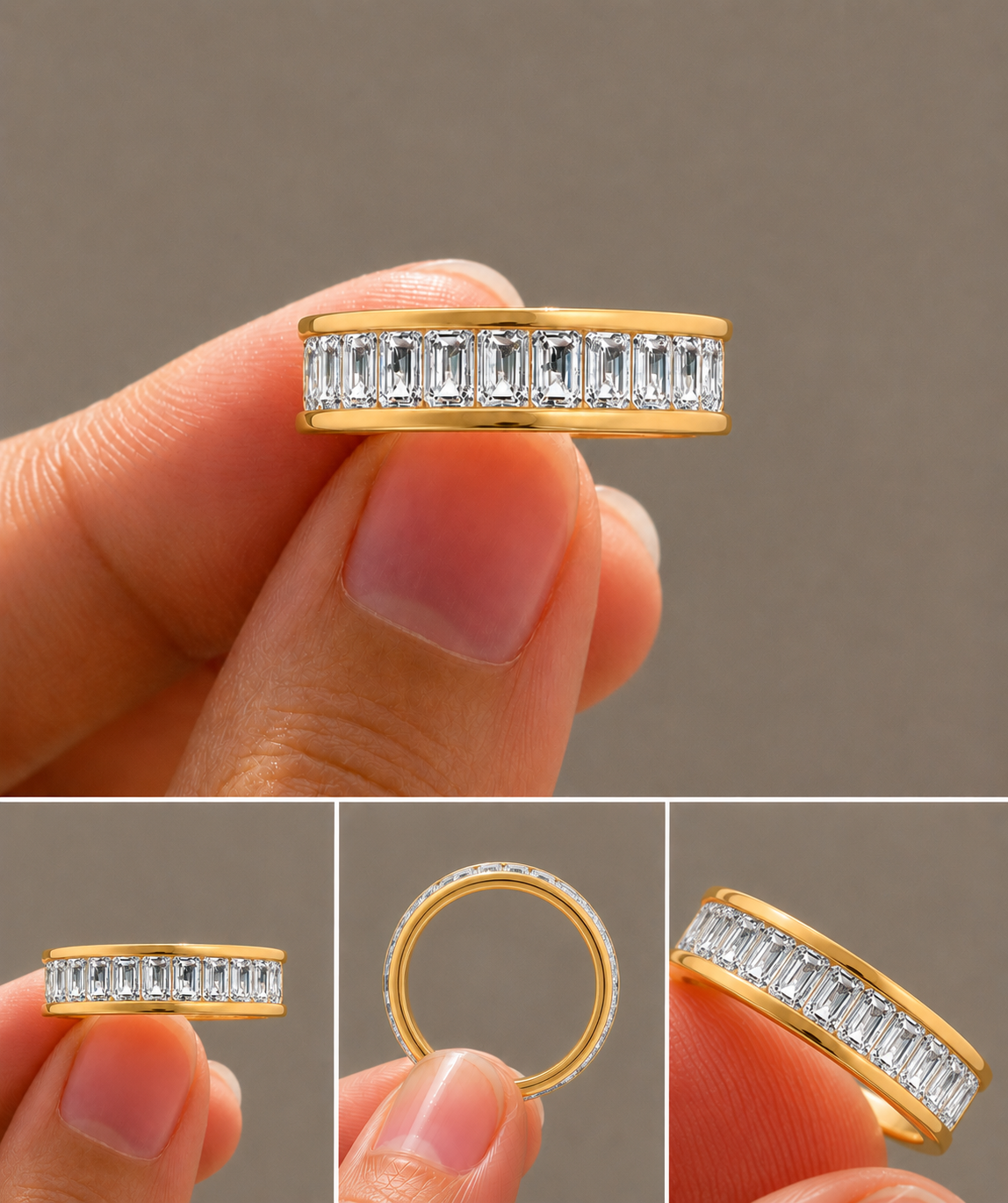 Emerald-Cut Diamond Eternity Band, IGI-Certified, 14K 18K Gold, angled view