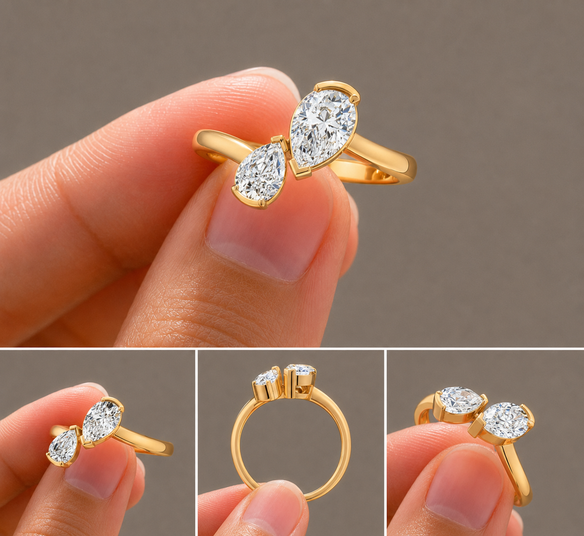 Mother Daughter Pear Toi et Moi Ring, IGI-Certified, 14K 18K Gold, angled view