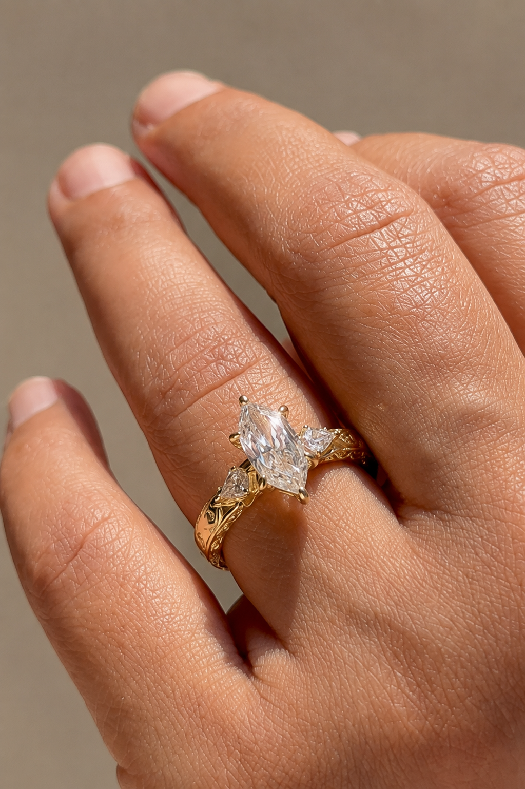 Dutch Marquise Cathedral Ring, IGI-Certified, angled view