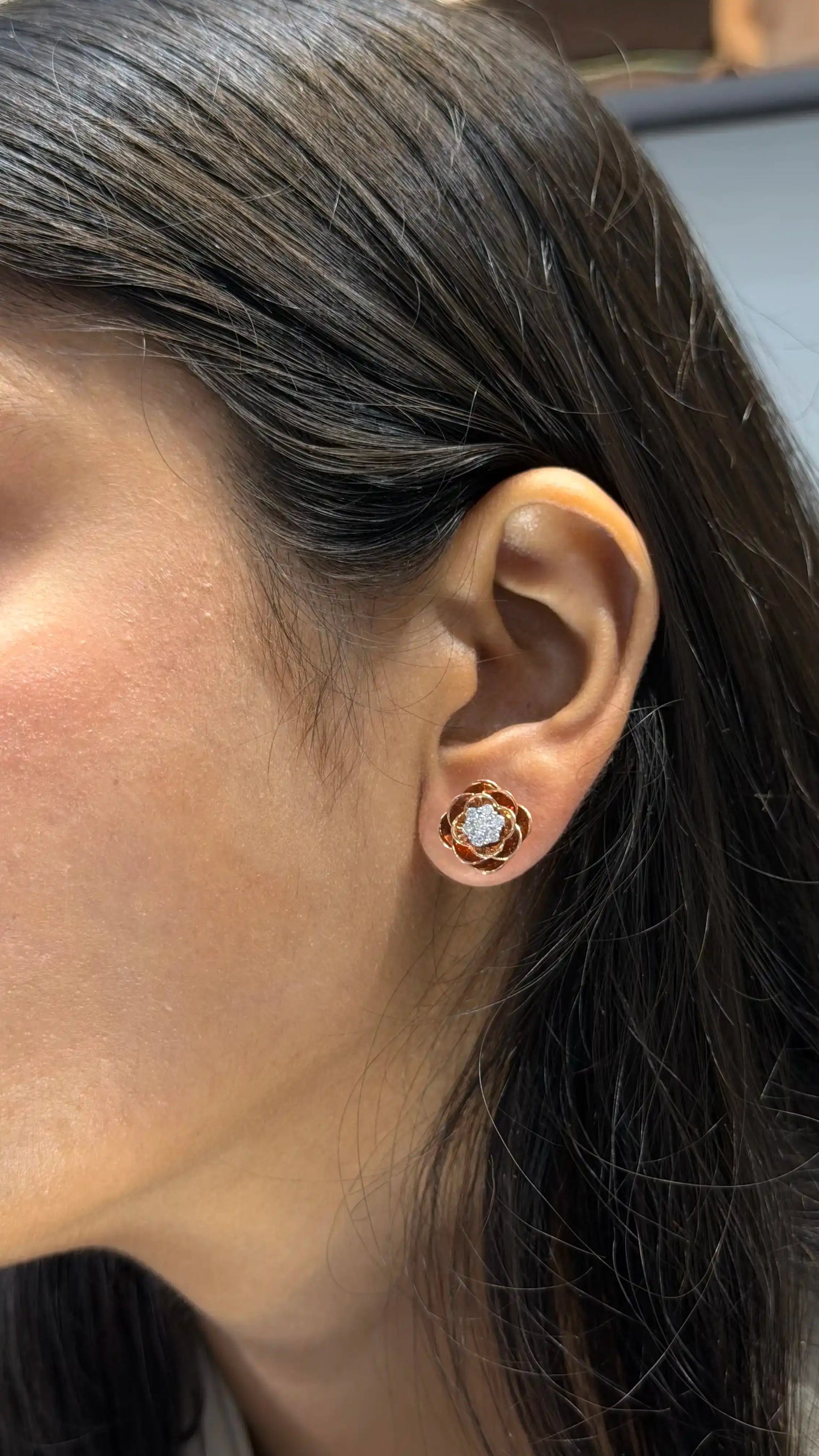 Rose Gold Floral Diamond Stud Earrings