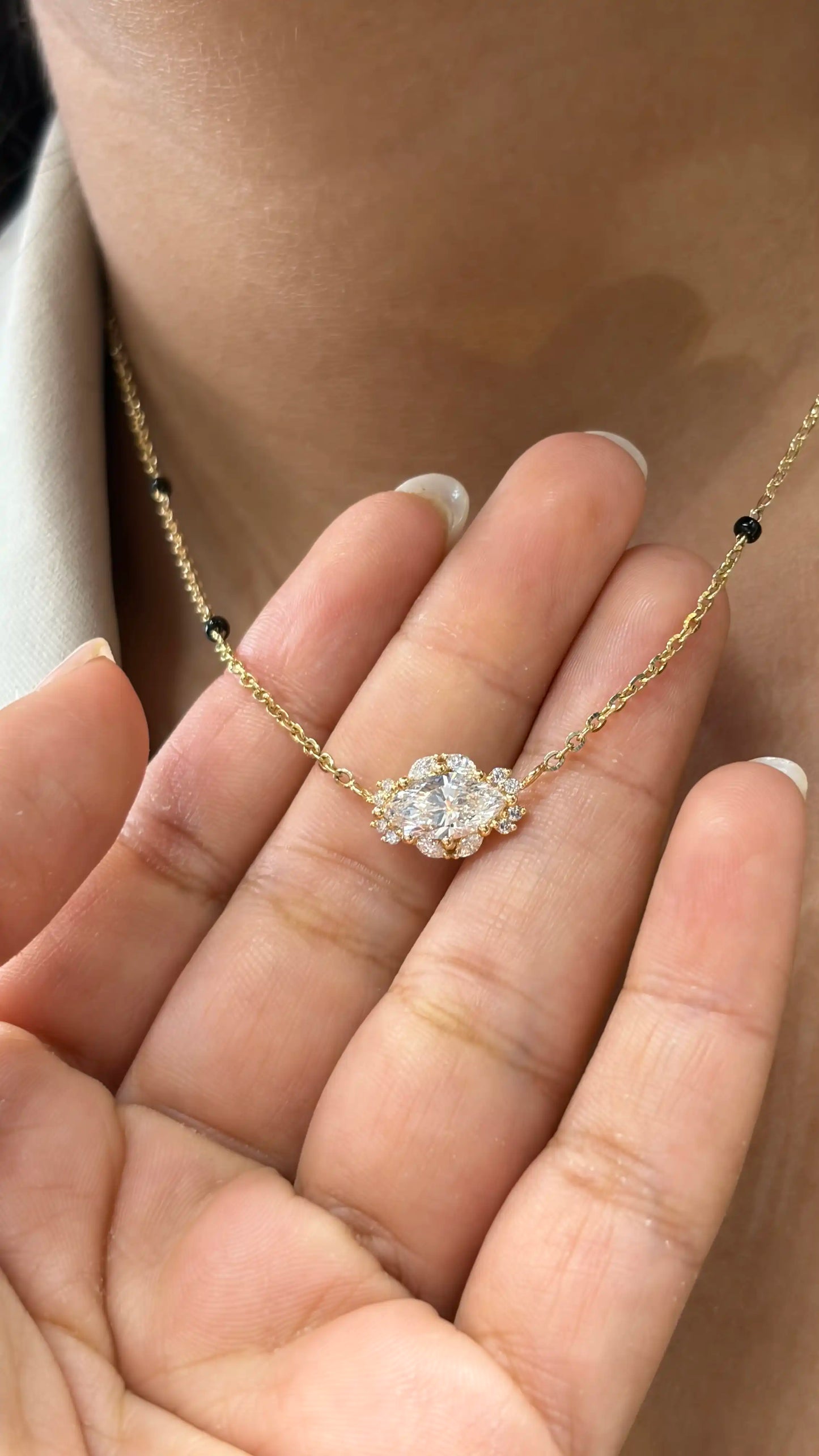 East-West Marquise Art Nouveau Mangalsutra with Baby’s Breath Halo in Lab Grown Diamond