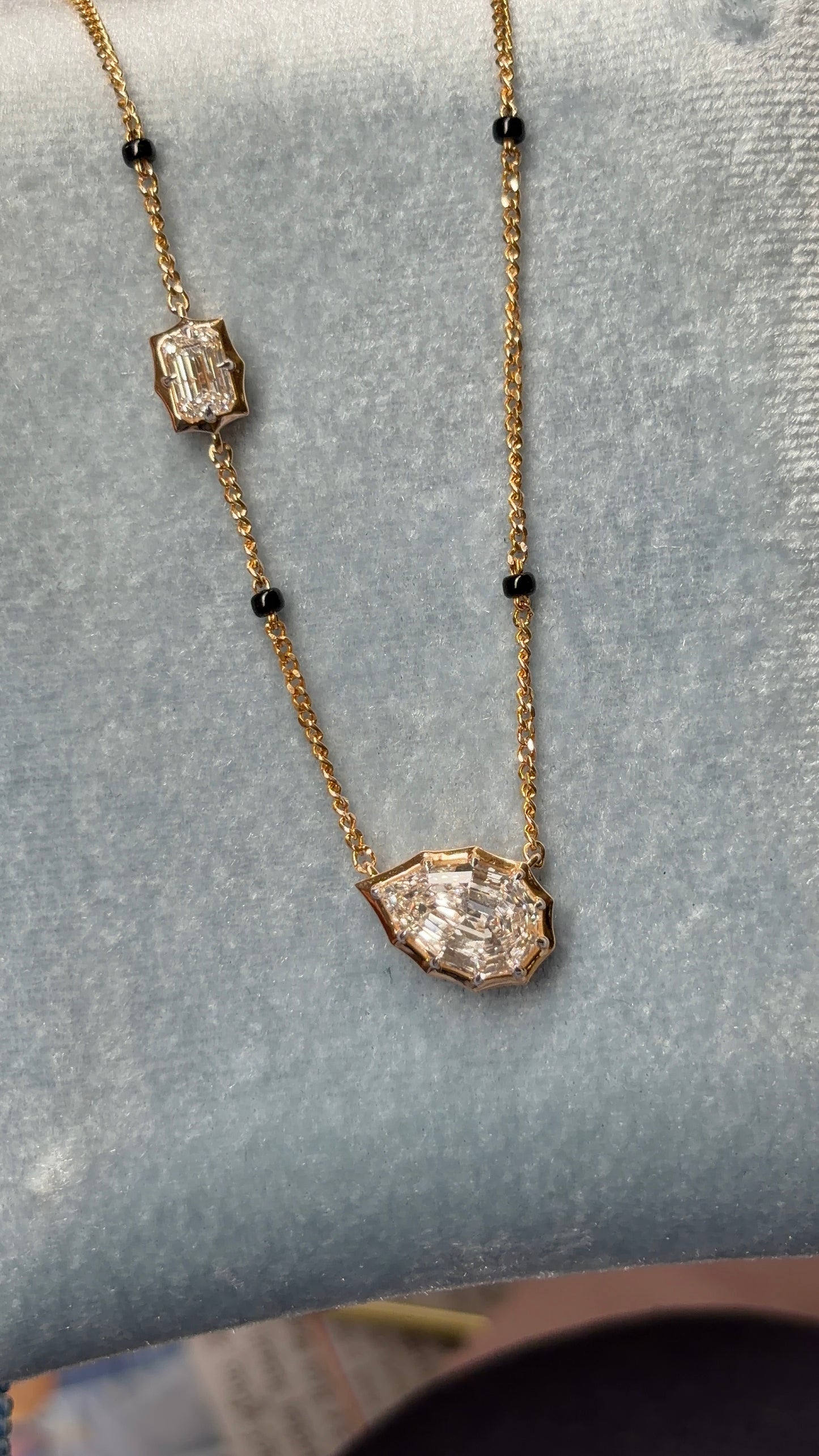 Step Cut Pear Diamond Mangalsutra with Emerald Charm