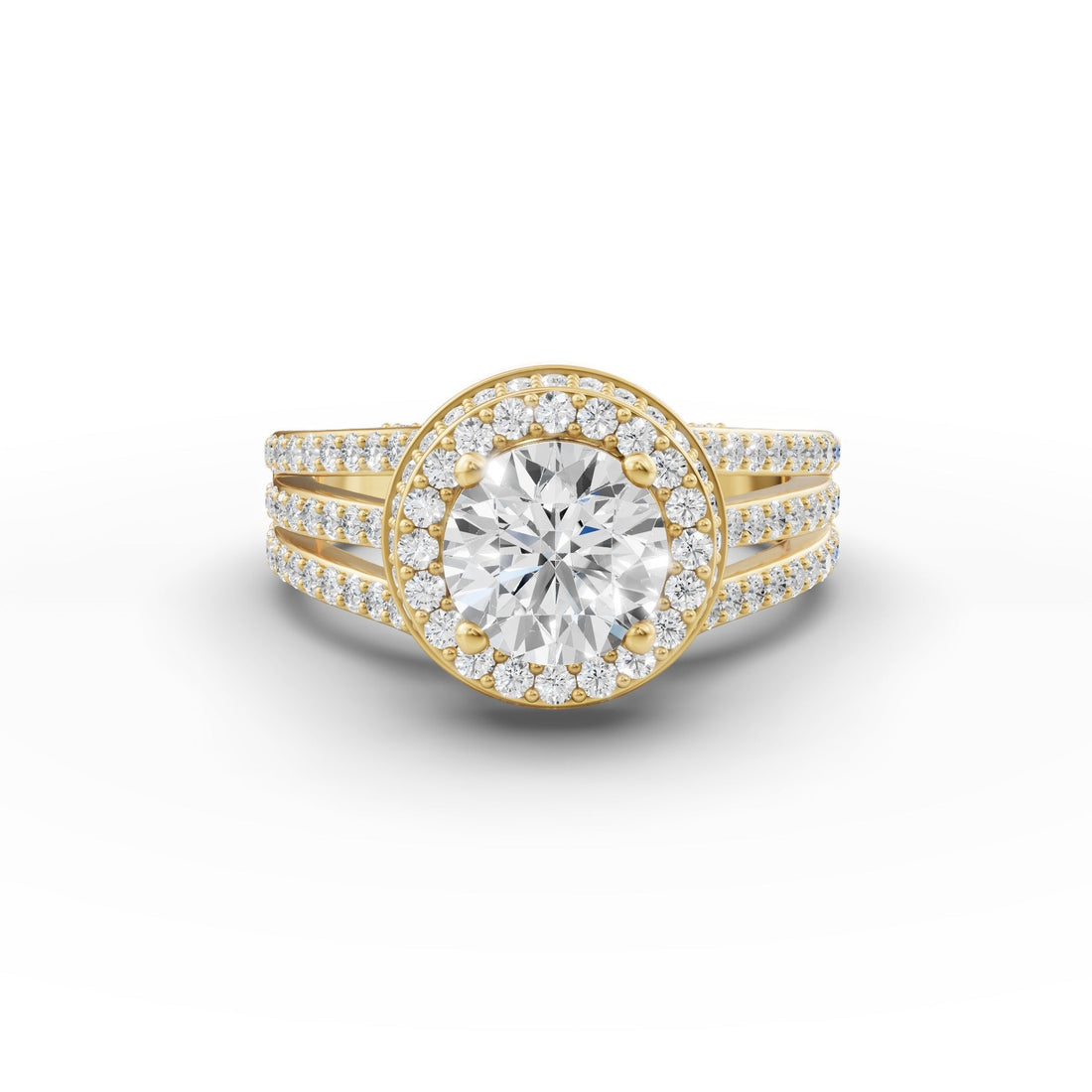 Round diamond halo split engagement ring
