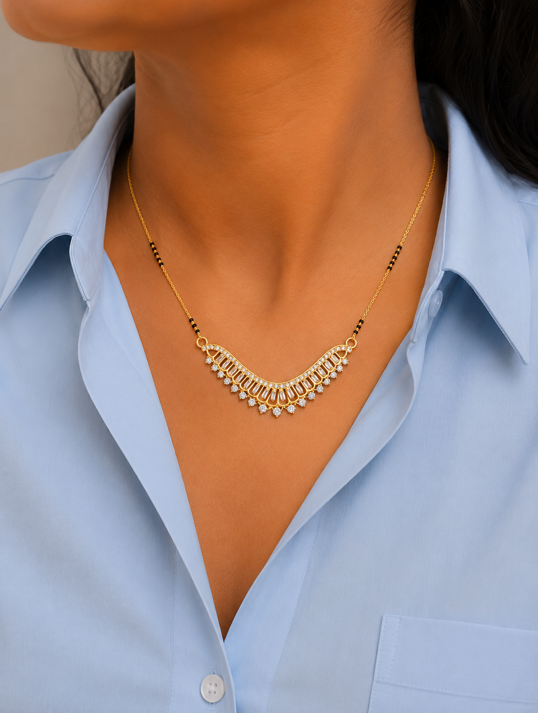 Modern mangalsutra design with baguette diamonds