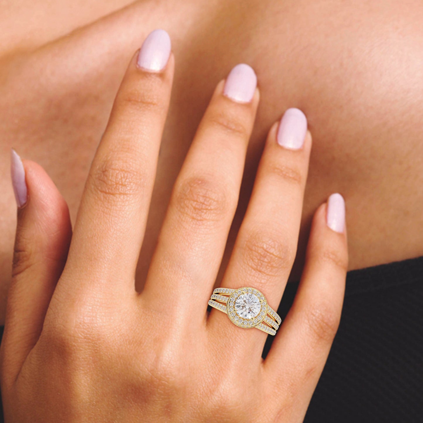 Round Solitaire Halo Double Split Engagement Ring in Lab Grown Diamond