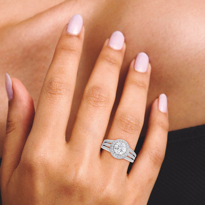 Round Solitaire Halo Double Split Engagement Ring in Lab Grown Diamond