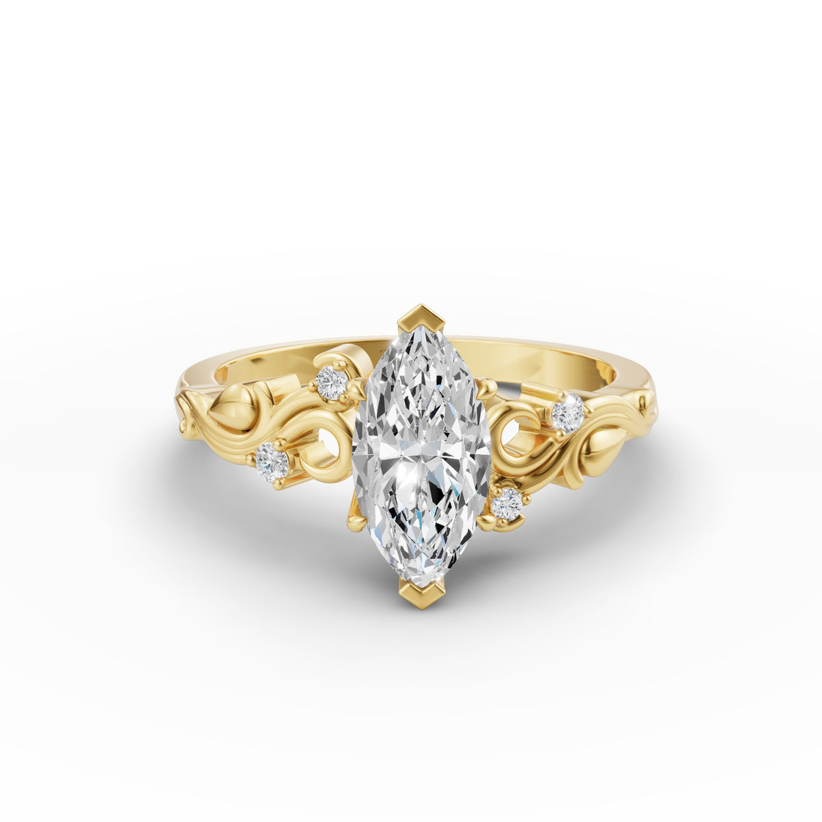 Marquise Vintage Vine Ring, IGI-Certified, vine-detailed band, angled view