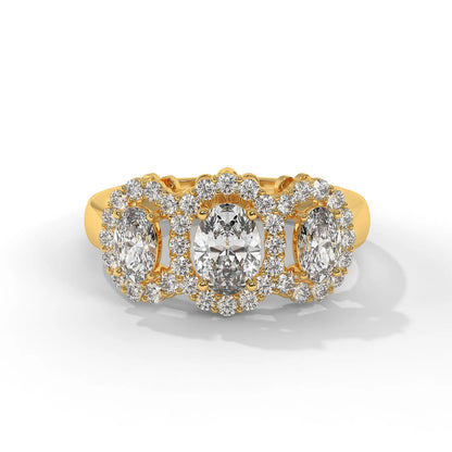 Three-stone oval halo ring worn on hand