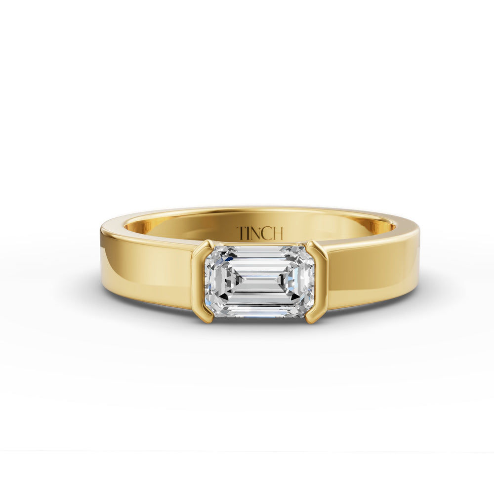 East West Emerald Half Bezel Men’s Engagement Ring in Lab Grown Diamond