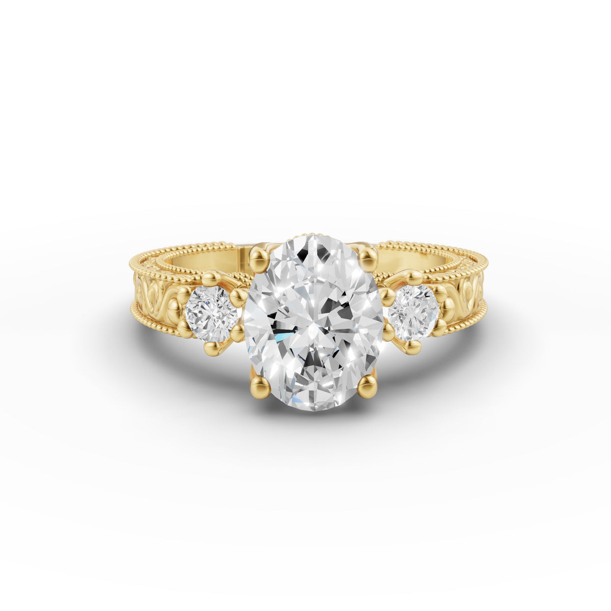 Oval Engraved Lab-Grown Diamond Engagement Band, IGI-Certified, 14K 18K Gold, front view