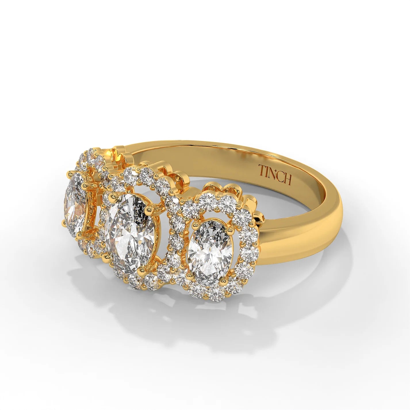 Three Stone Oval Halo Engagement Ring in Lab Grown Diamond