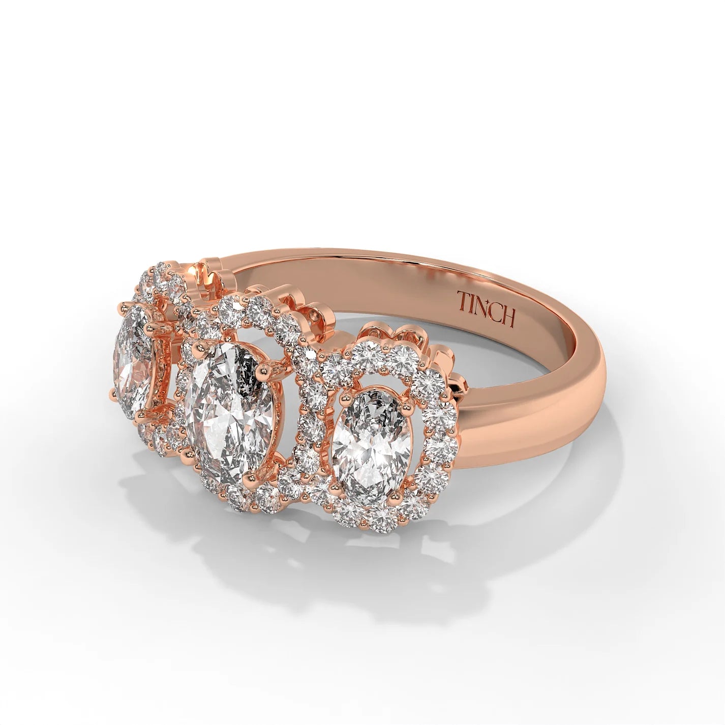 Three Stone Oval Halo Engagement Ring in Lab Grown Diamond