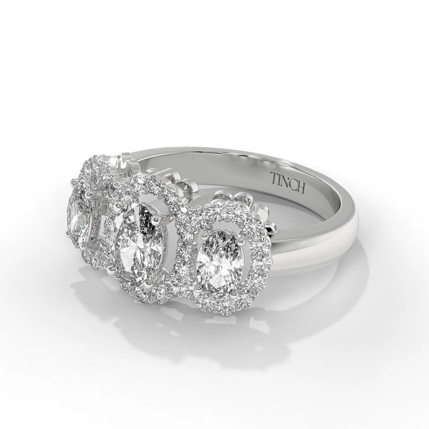 Three Stone Oval Halo Engagement Ring in Lab Grown Diamond