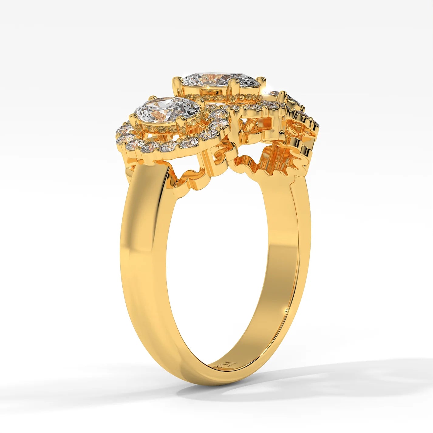 Three Stone Oval Halo Engagement Ring in Lab Grown Diamond