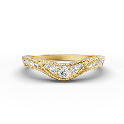 Round arc curve wedding band, angled view