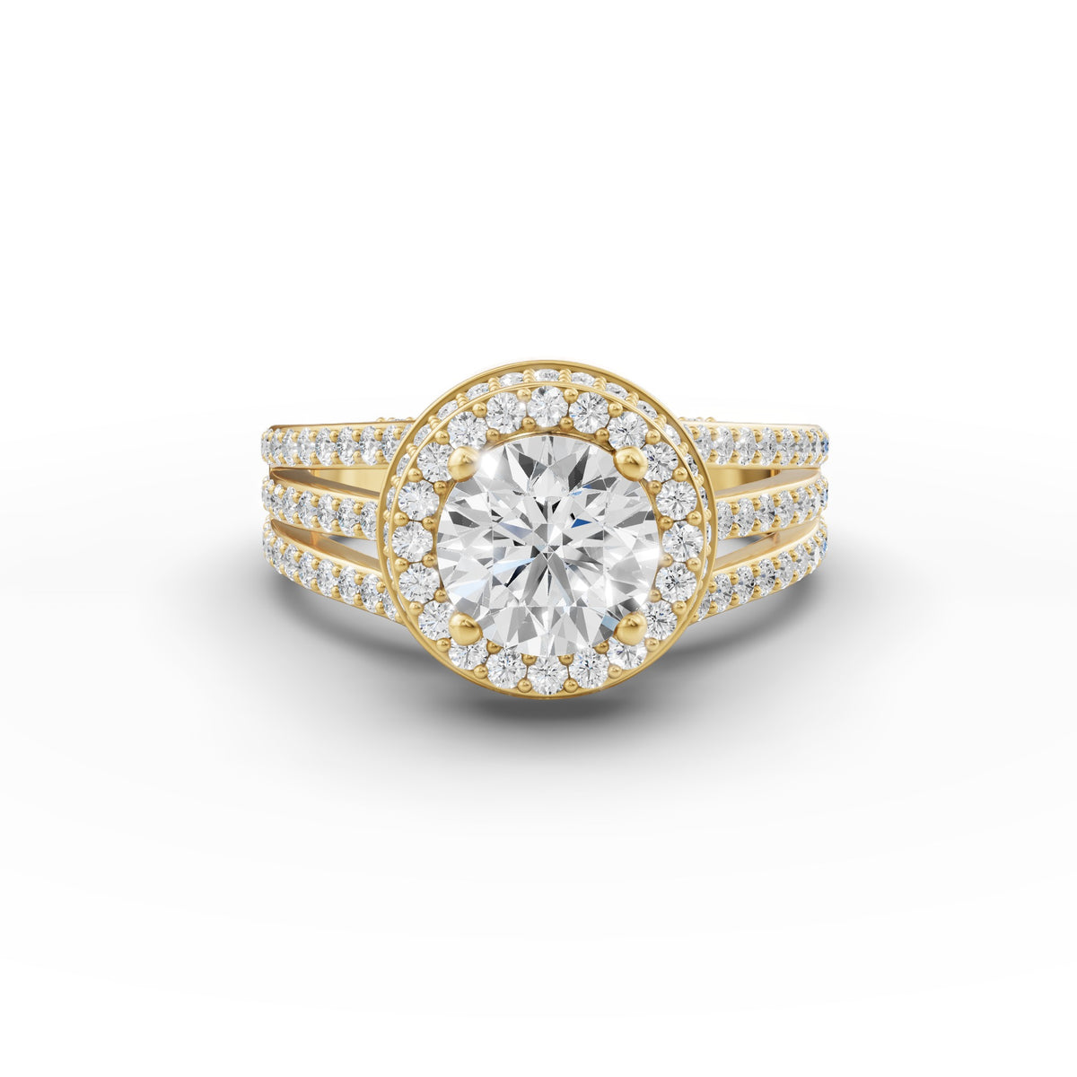 Round Solitaire Halo Double Split Lab-Grown Diamond Ring, IGI-Certified, 14K 18K Gold, front view