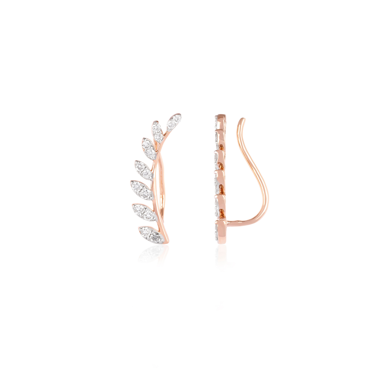 Diamond Leaf Ear Climber Earrings, IGI-Certified, close-up of leaf detail