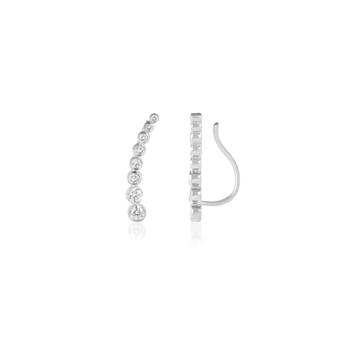 Round Diamond Bezel Ear Climber Earrings, IGI-Certified, close-up of bezel detail