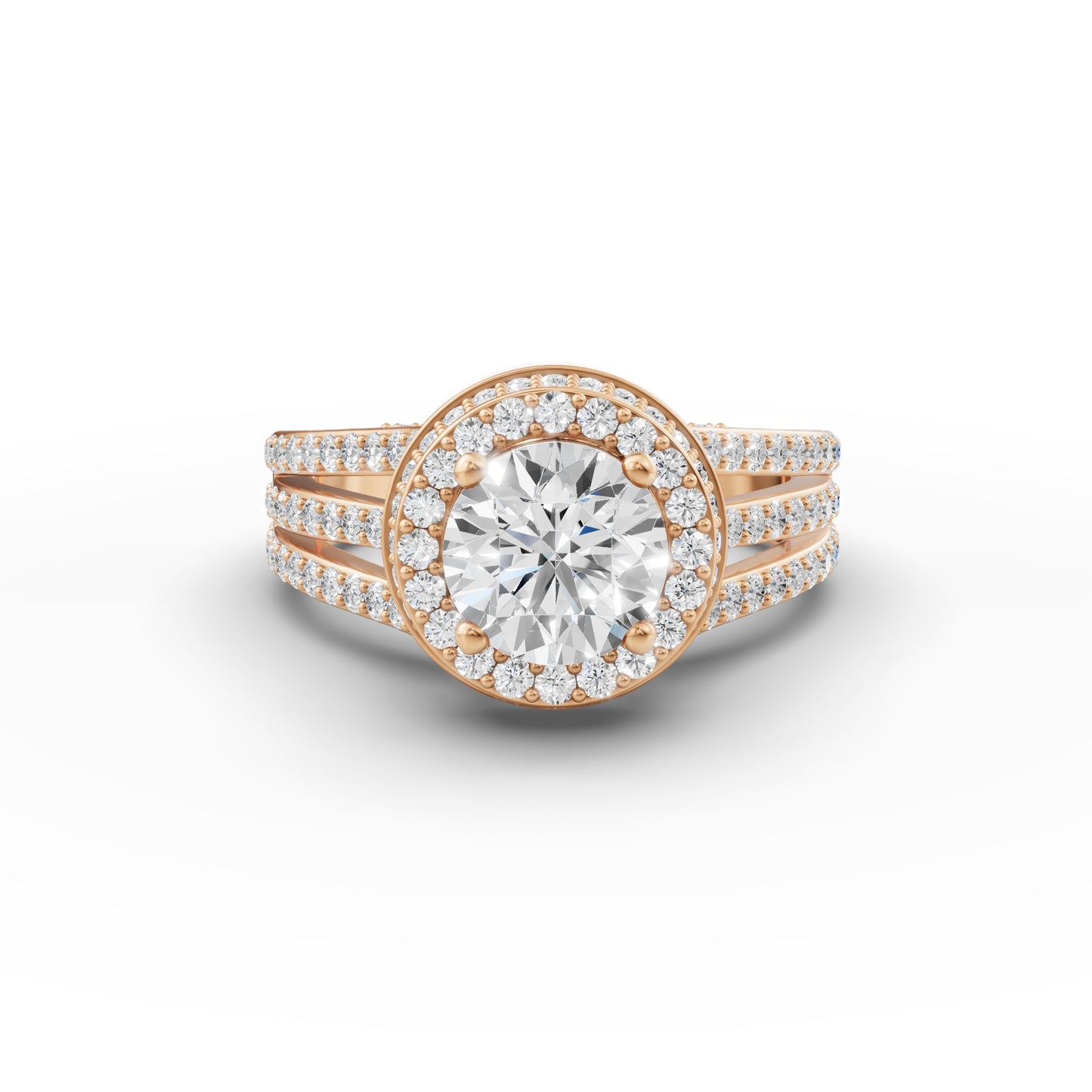 Round Solitaire Halo Double Split Engagement Ring in Lab Grown Diamond
