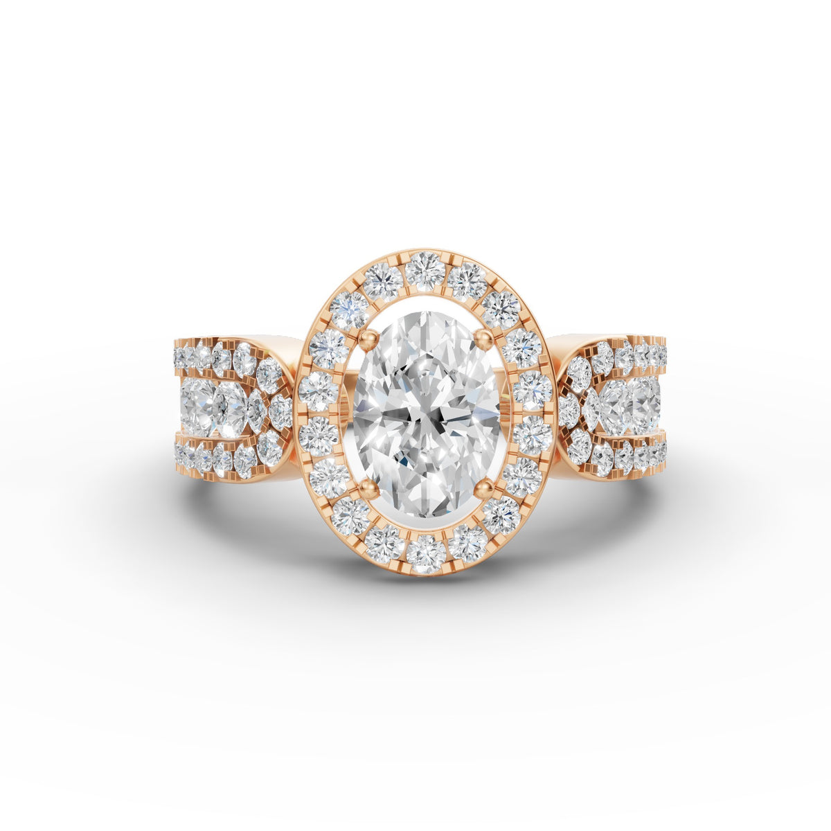 Oval Halo Lab-Grown Diamond Ring with Diamond-Studded Band, IGI-Certified, angled view