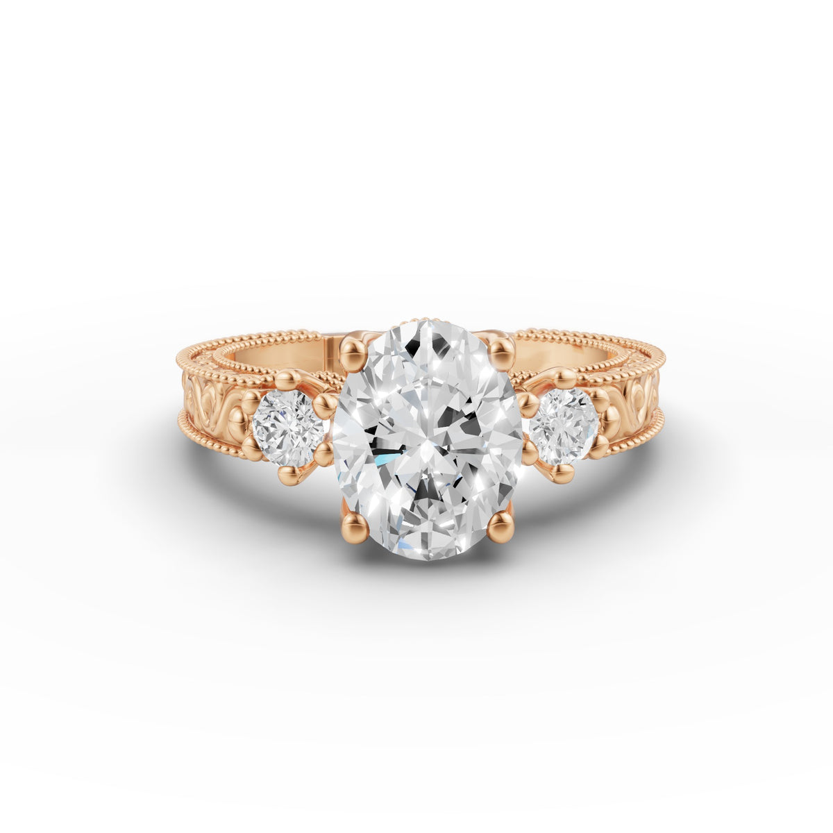 Oval Engraved Lab-Grown Diamond Engagement Band, IGI-Certified, 14K 18K Gold, angled view