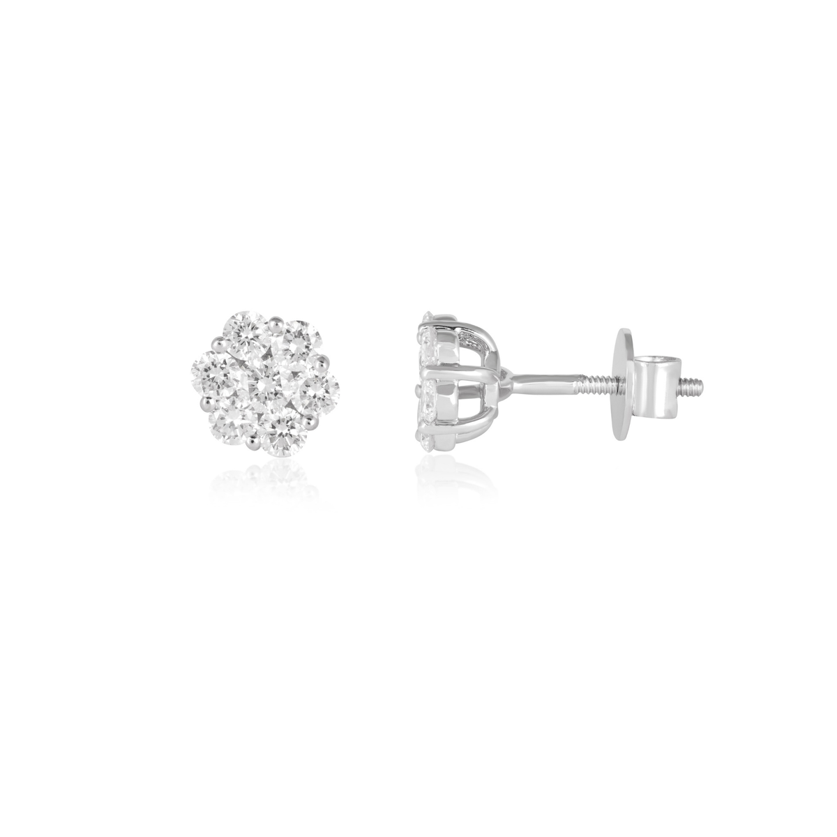 Round Diamond Floral Cluster Stud Earrings, IGI-Certified, close-up of floral cluster