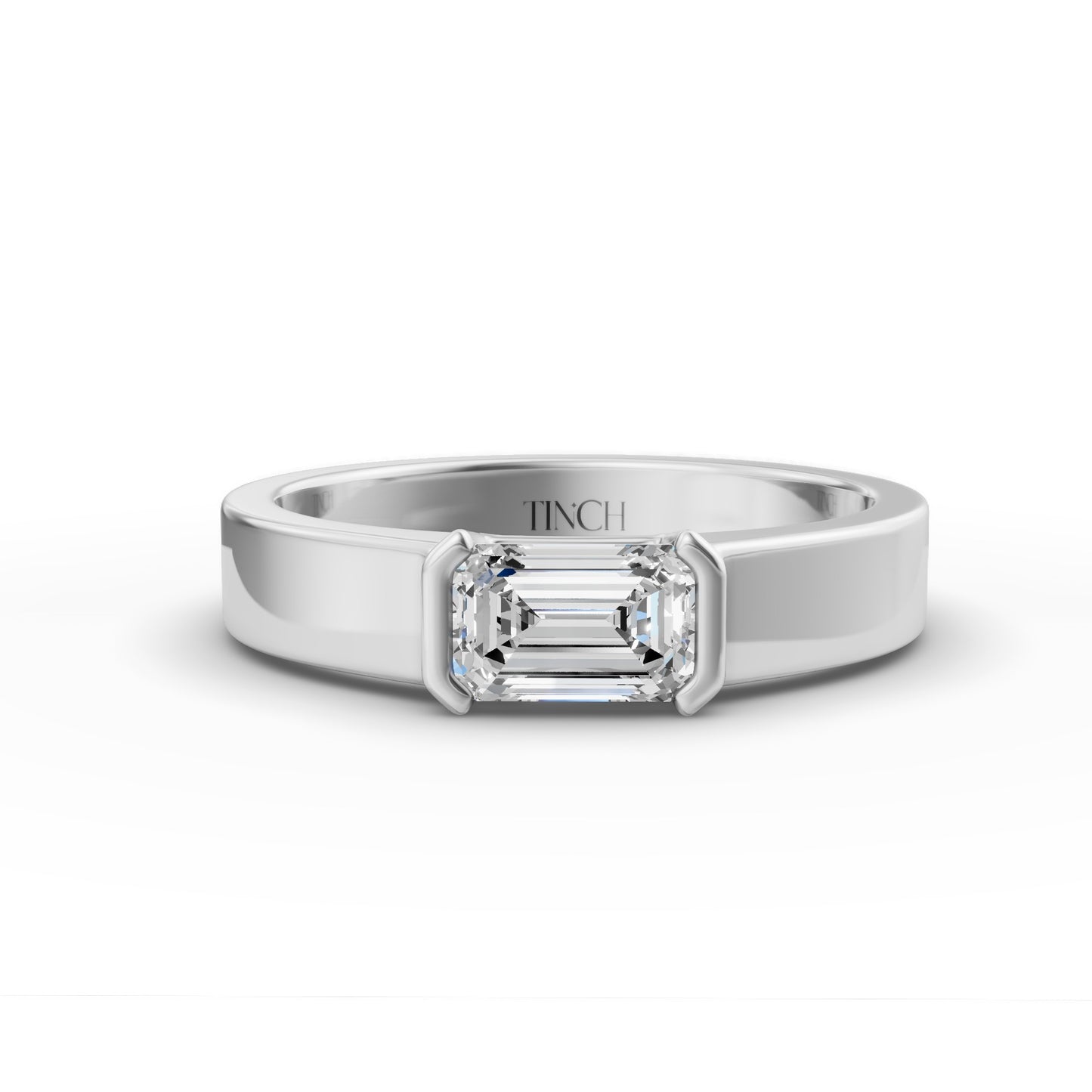East West Emerald Half Bezel Men’s Engagement Ring in Lab Grown Diamond