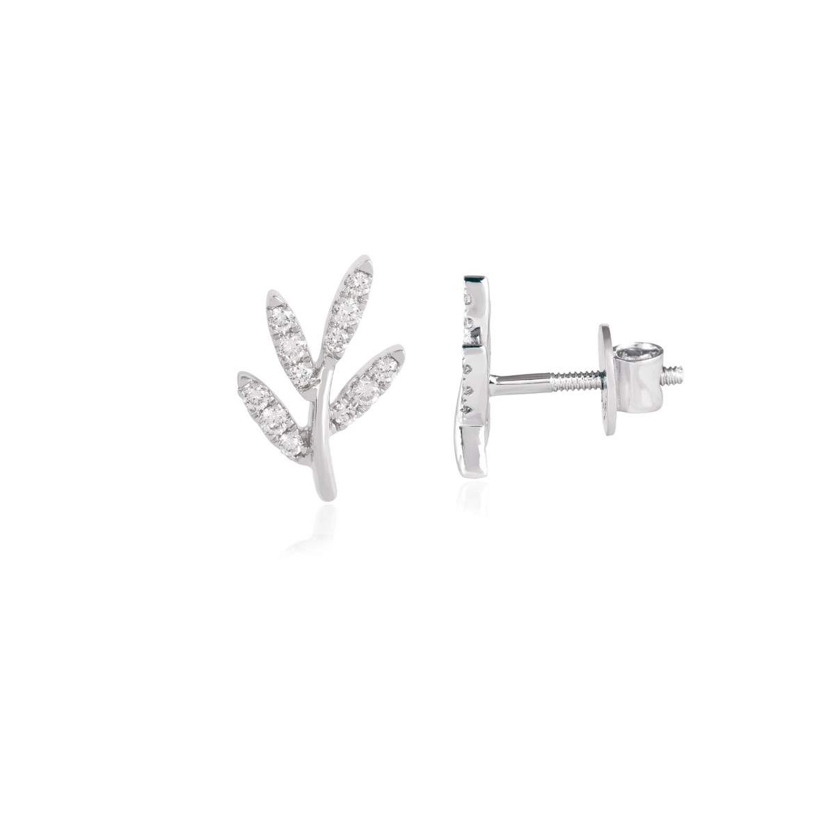 Diamond Leaf Stud Earrings, IGI-Certified, close-up of leaf detail