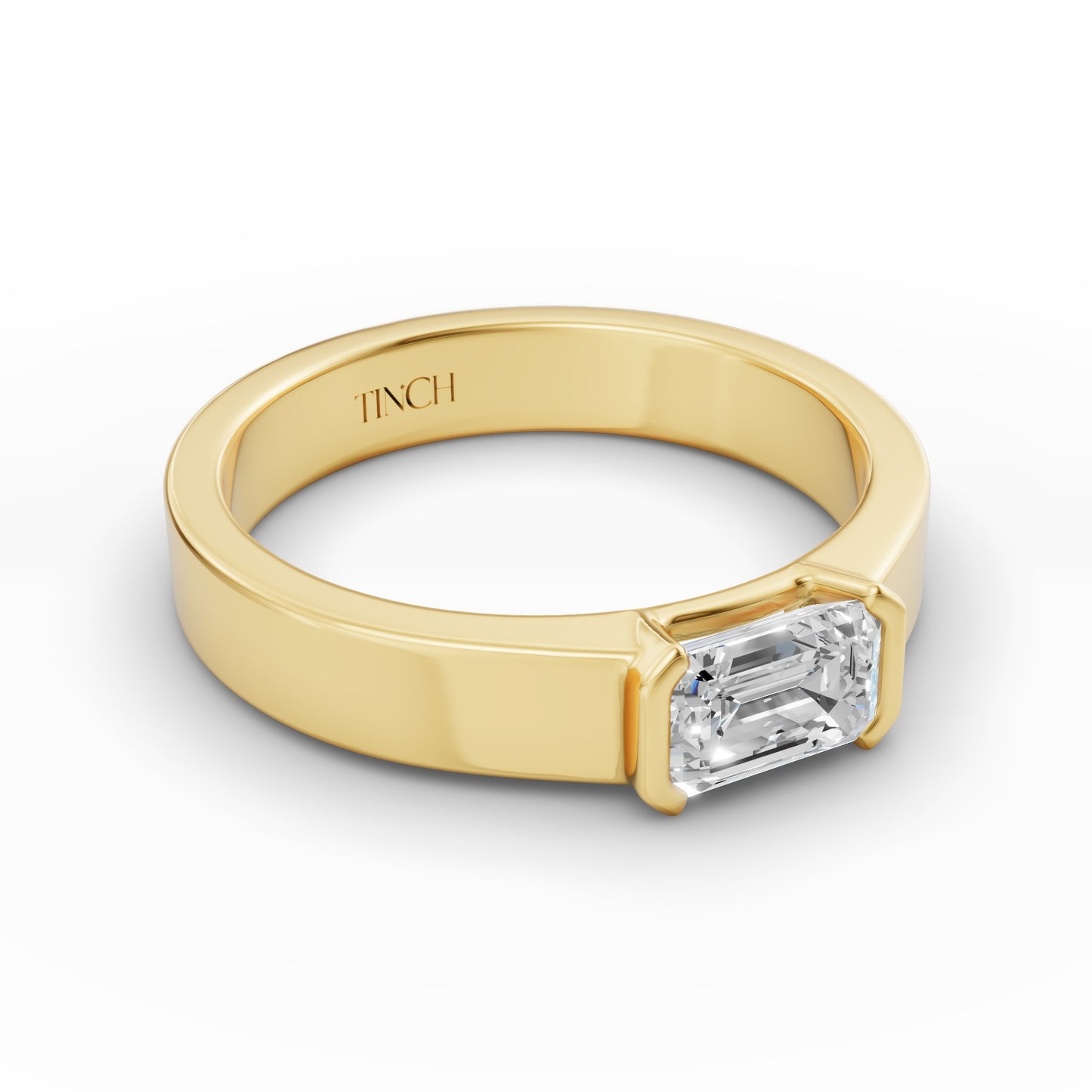East West Emerald Half Bezel Men’s Engagement Ring in Lab Grown Diamond