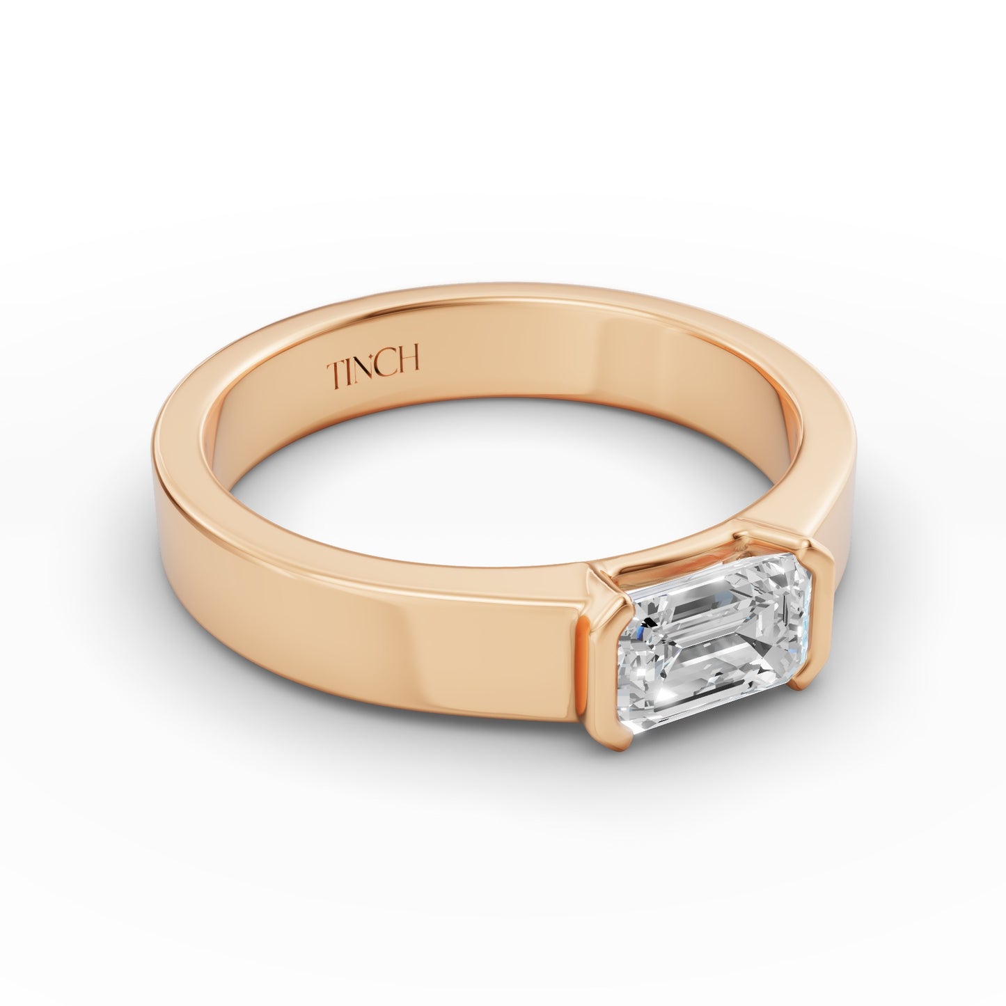 East West Emerald Half Bezel Men’s Engagement Ring in Lab Grown Diamond
