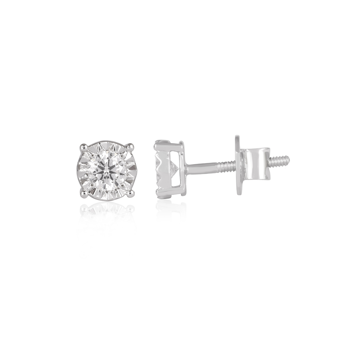 Round Diamond Miracle Plate Stud Earrings, IGI-Certified, close-up of miracle plate setting