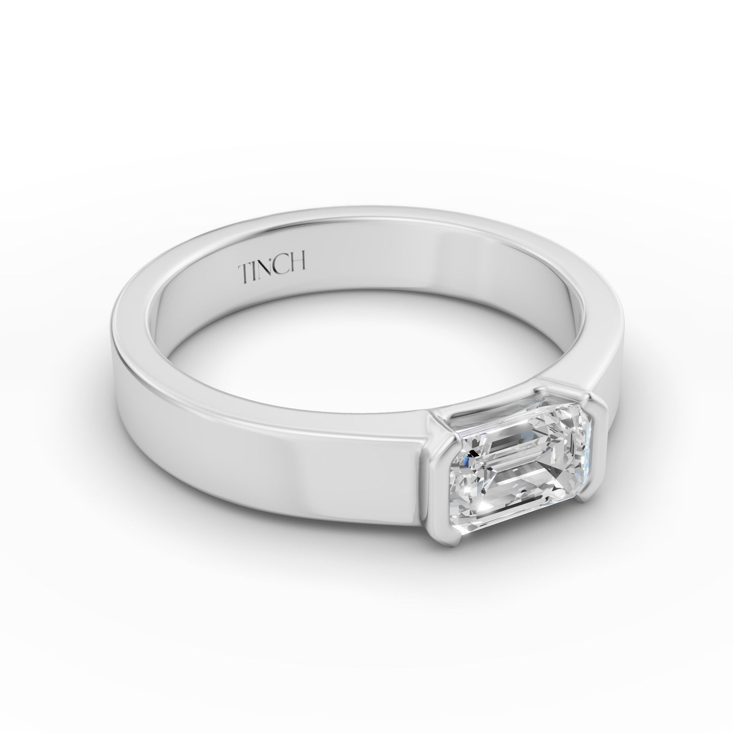 East West Emerald Half Bezel Men’s Engagement Ring in Lab Grown Diamond
