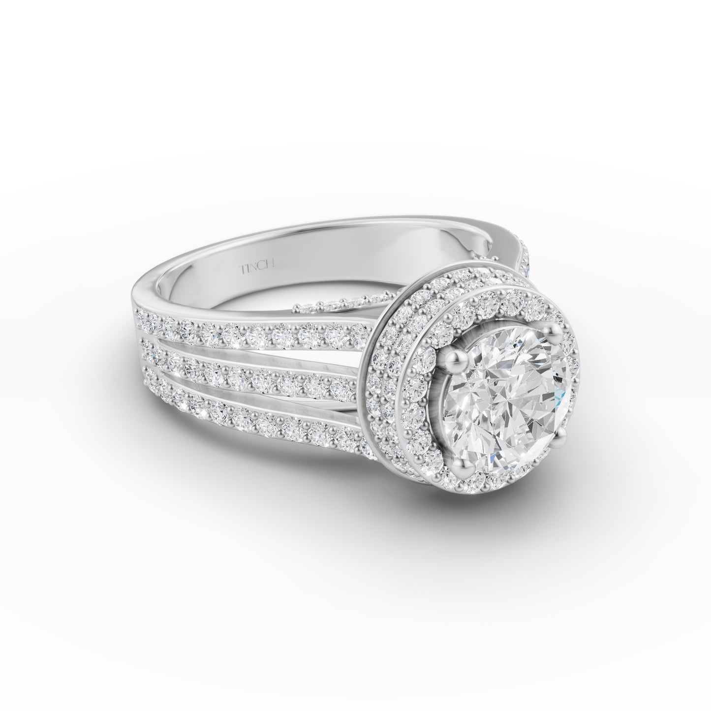 Round Solitaire Halo Double Split Engagement Ring in Lab Grown Diamond