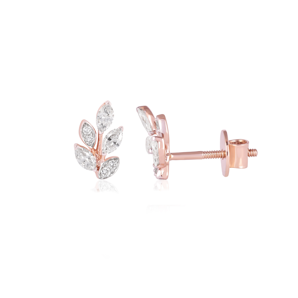 Marquise and Round Diamond Leaf Stud Earrings, IGI-Certified, close-up of leaf detail