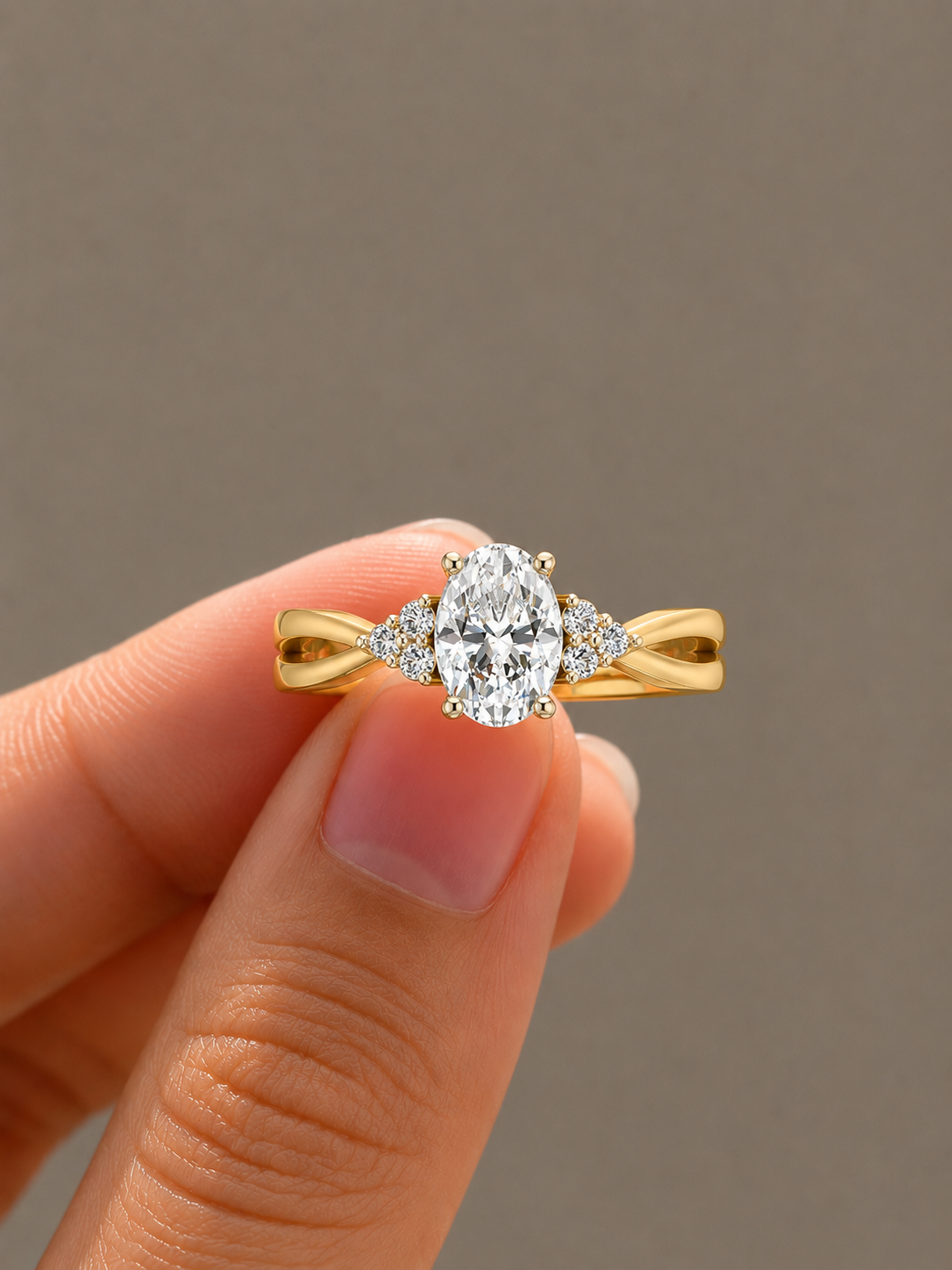 Oval Solitaire Lab-Grown Diamond Ring with Triple Side Diamonds, IGI-Certified, front view