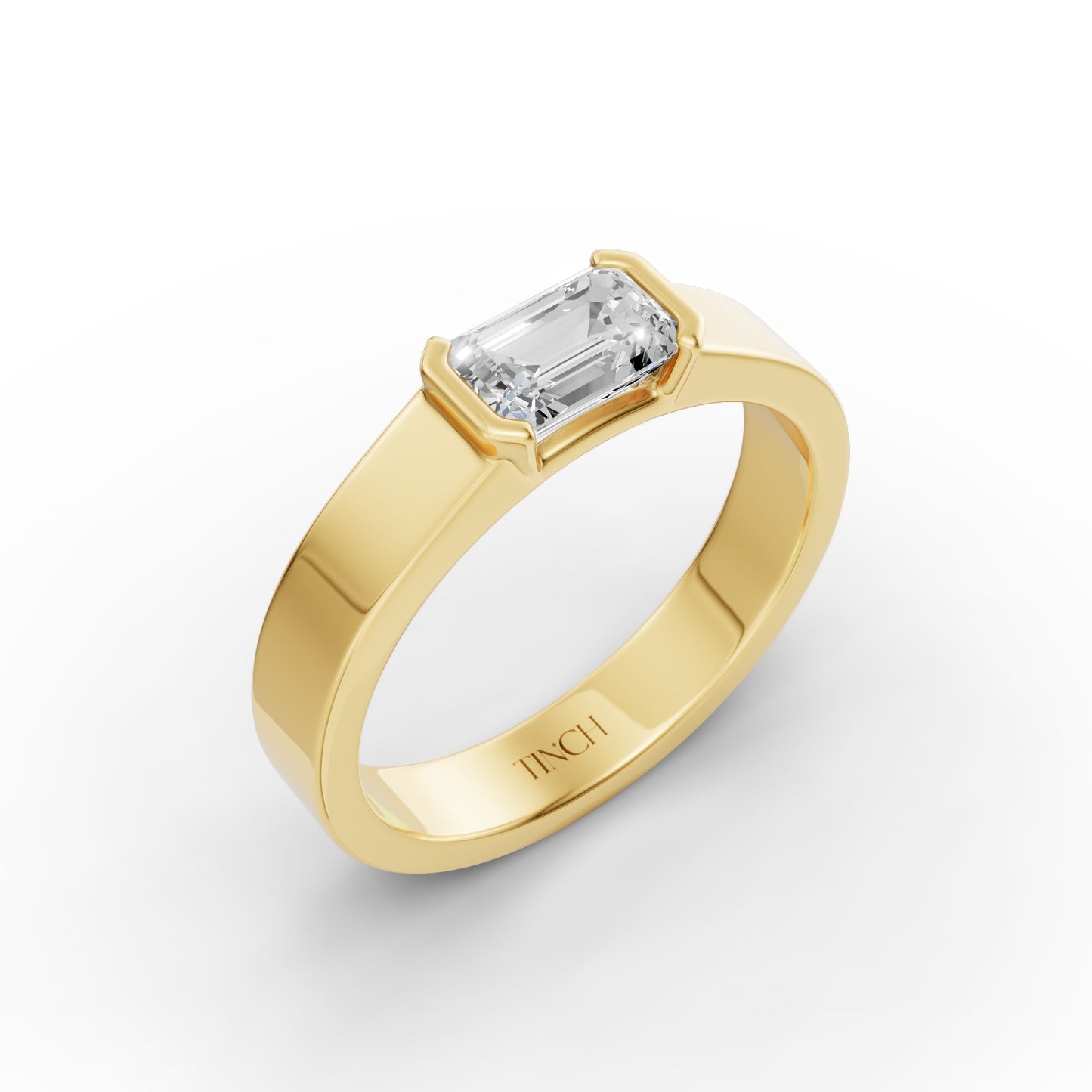 East West Emerald Half Bezel Men’s Engagement Ring in Lab Grown Diamond