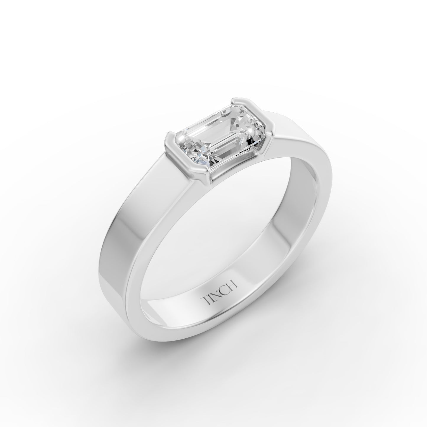 East West Emerald Half Bezel Men’s Engagement Ring in Lab Grown Diamond