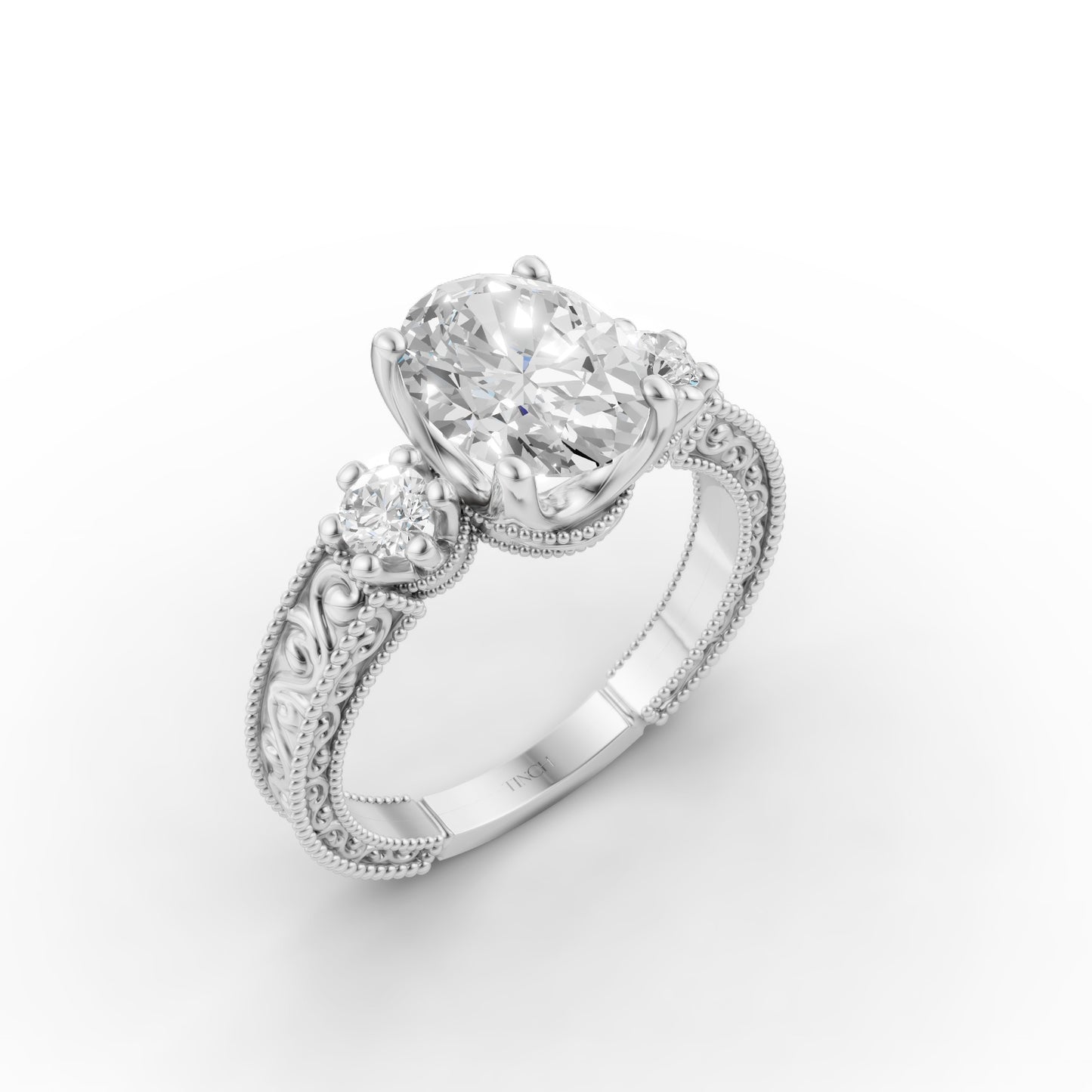 Oval Engraved Engagement Band in Lab Grown Diamond