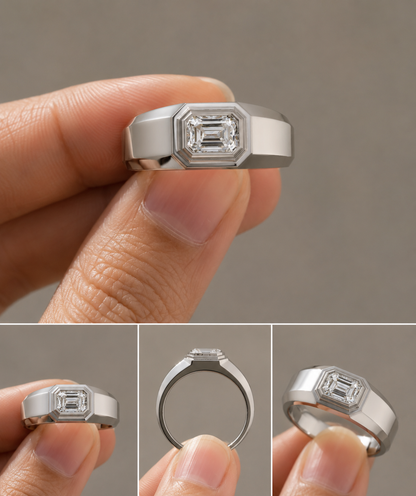 Emerald double bezel solitaire ring, angled view