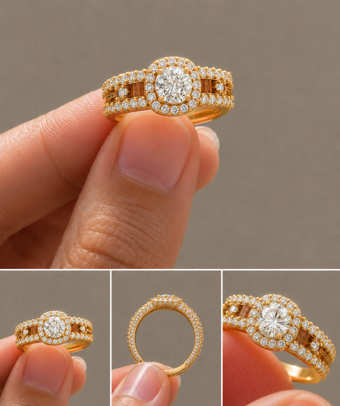Round Halo Double Split Ring, IGI-Certified, 14K 18K Gold, angled view