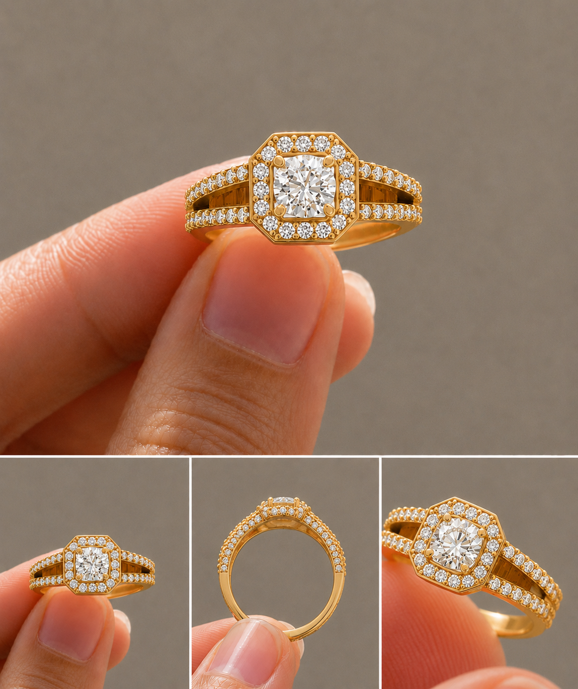 Princess-Cut Halo Double Split Ring, IGI-Certified, 14K 18K Gold, angled view