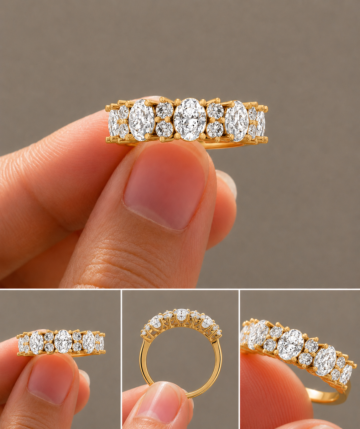 Oval and Double Round Lab-Grown Diamond Half Eternity Band, IGI-Certified, angled view