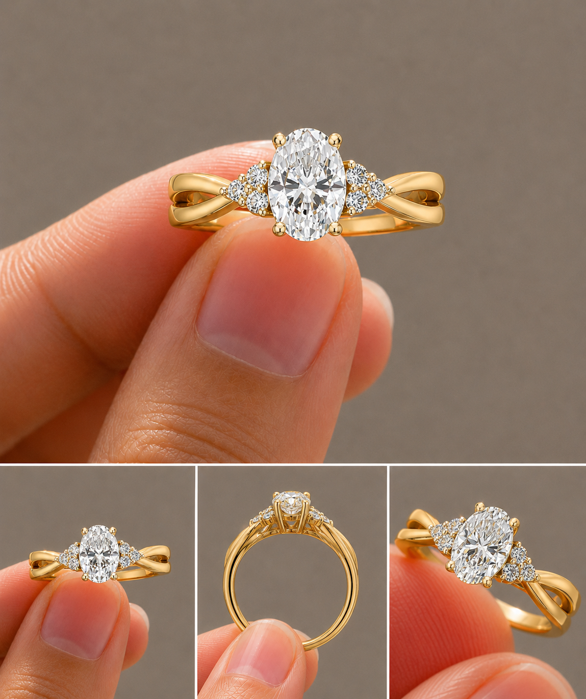 Oval Solitaire Lab-Grown Diamond Ring with Triple Side Diamonds, IGI-Certified, angled view