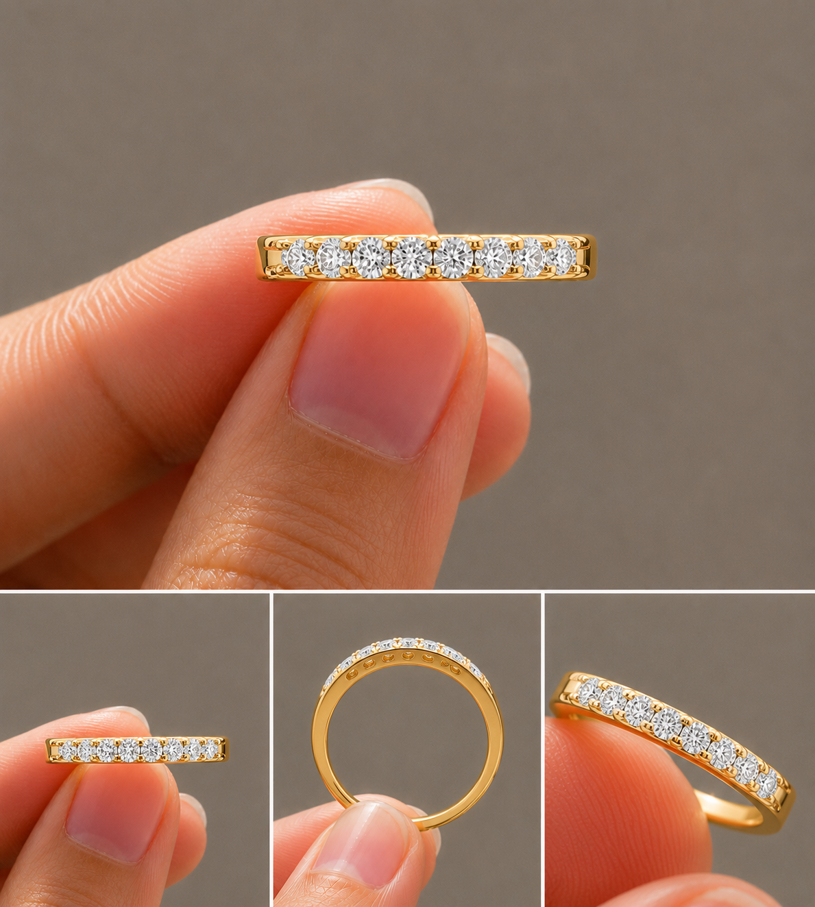 Round Half Eternity Band, IGI-Certified, 14K 18K Gold, angled view