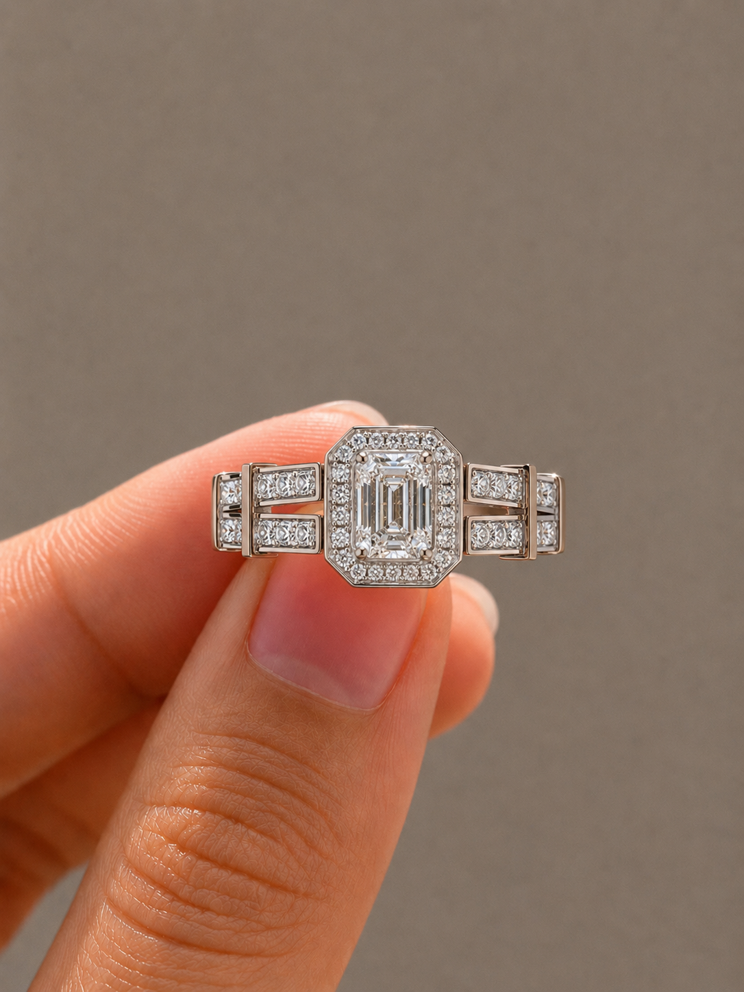 Emerald Halo Bridge Lab-Grown Diamond Ring, IGI-Certified, 14K 18K Gold, front view