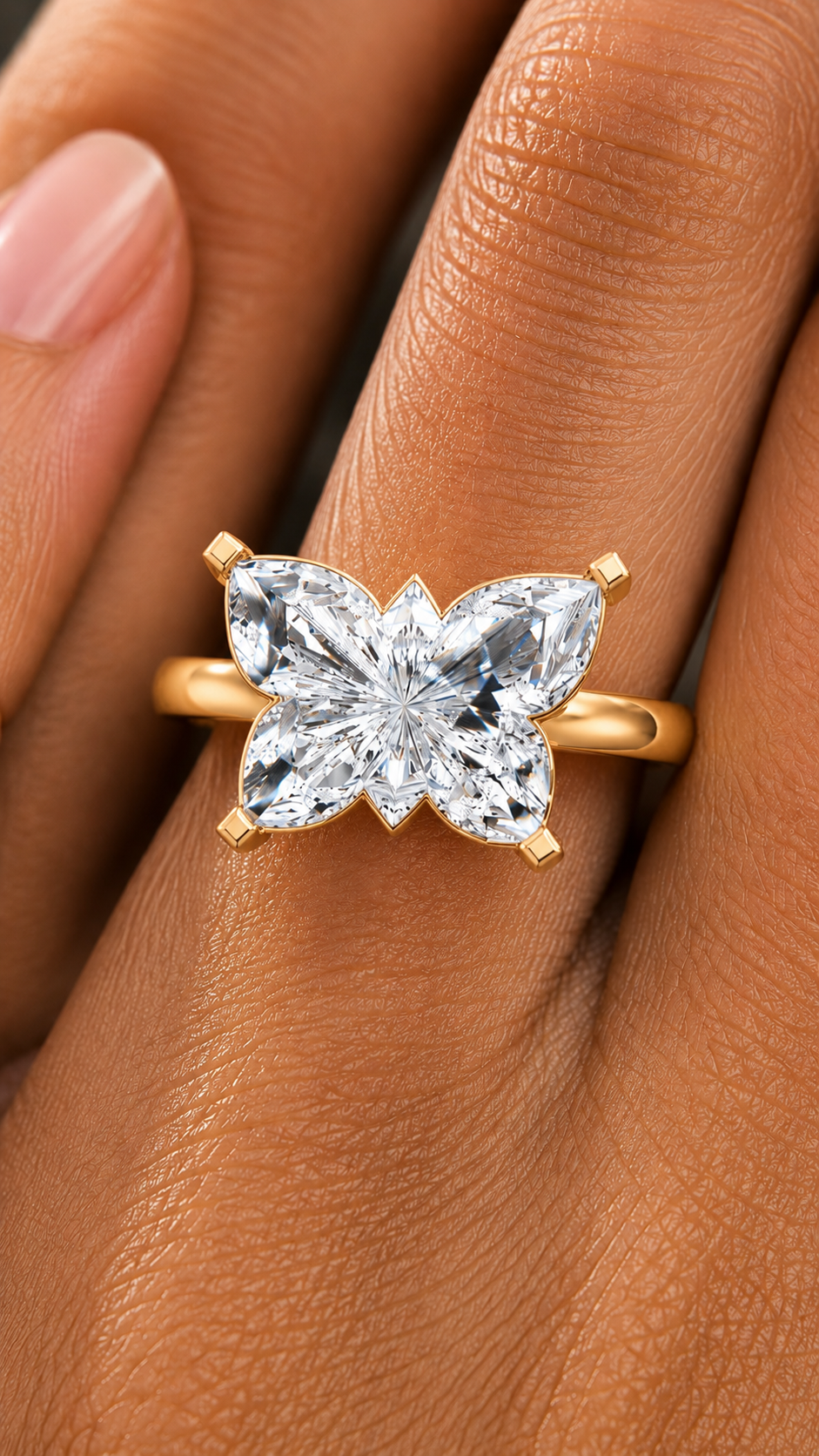 Custom-Cut Butterfly Shape Lab-Grown Diamond Ring, IGI-Certified, 14K 18K Gold, front view